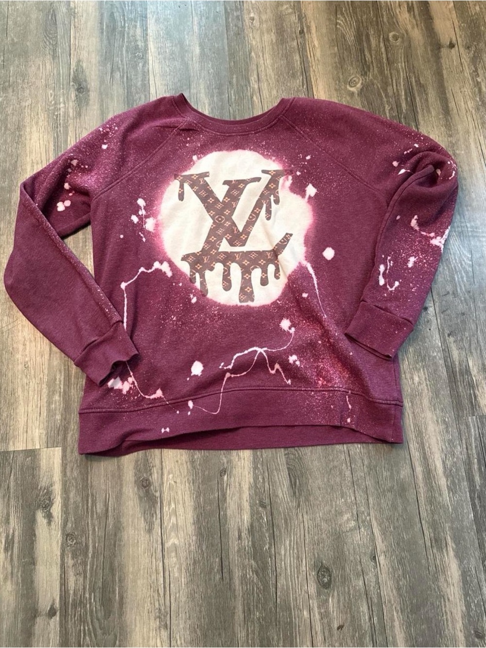 Wine Burgundy Crewneck Sweater with Bleach Graphic